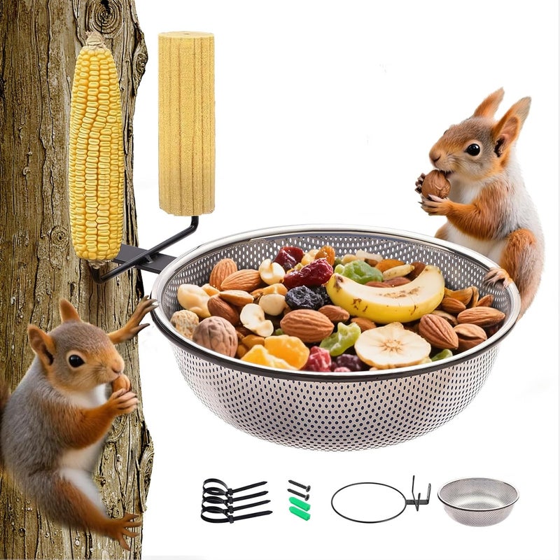 Yojanner Squirrel Feeder Bowl (2L) Trees or Fences Mounted, Removable Squirrel Feeder with 2 Squirrel Corn Cob Spikes, Outdoor 8.8" Stainless Steel Feed Bowl with Drainage Holes, Easy to Clean/Refill(Black) - Image 1